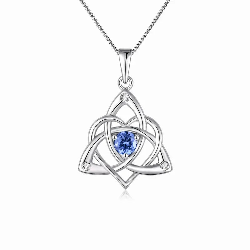 Celtic Birthstone Necklace for Women, Silver Plated Copper Triquetra Celtic Knot Heart Pendant with 12 Birthstone Options