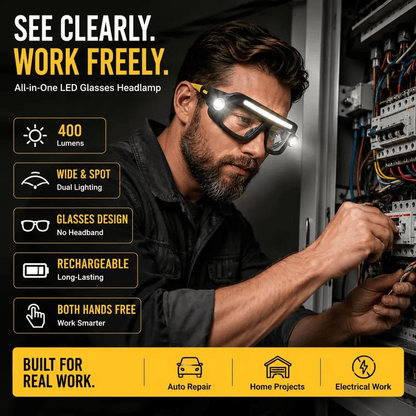 Hands-Free LED Headlamp Glasses — 5 Lighting Modes for Work, Repairs & Outdoor Use