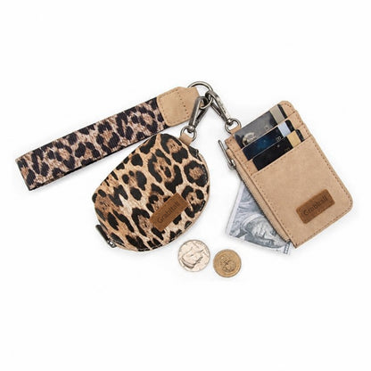 Leopard KeyChain Wristlet Wallets for Women Western Dual Pouch Card Holder Wallet With Zipper