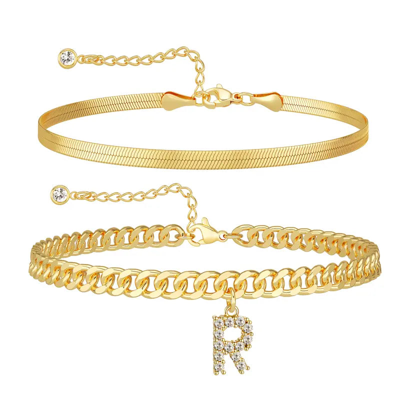 Women 14K Gold Plated Ankle Bracelet with Letter Pendant