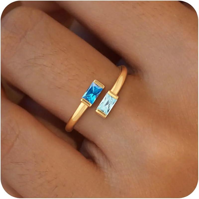 14K Gold Plated Adjustable Emerald Birthstone Ring｜Personalized Double Birthstone Ring