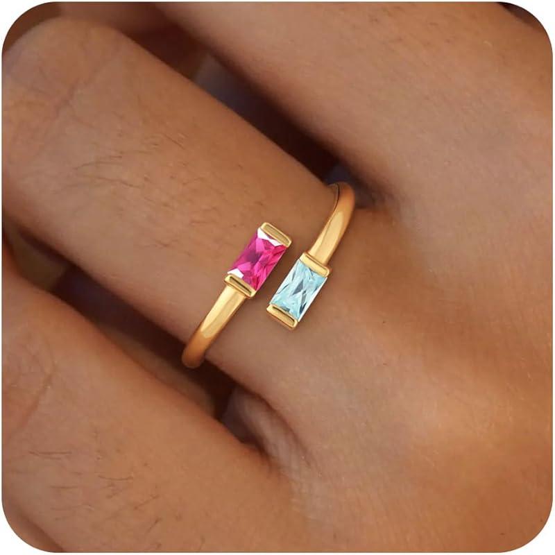 14K Gold Plated Adjustable Emerald Birthstone Ring｜Personalized Double Birthstone Ring