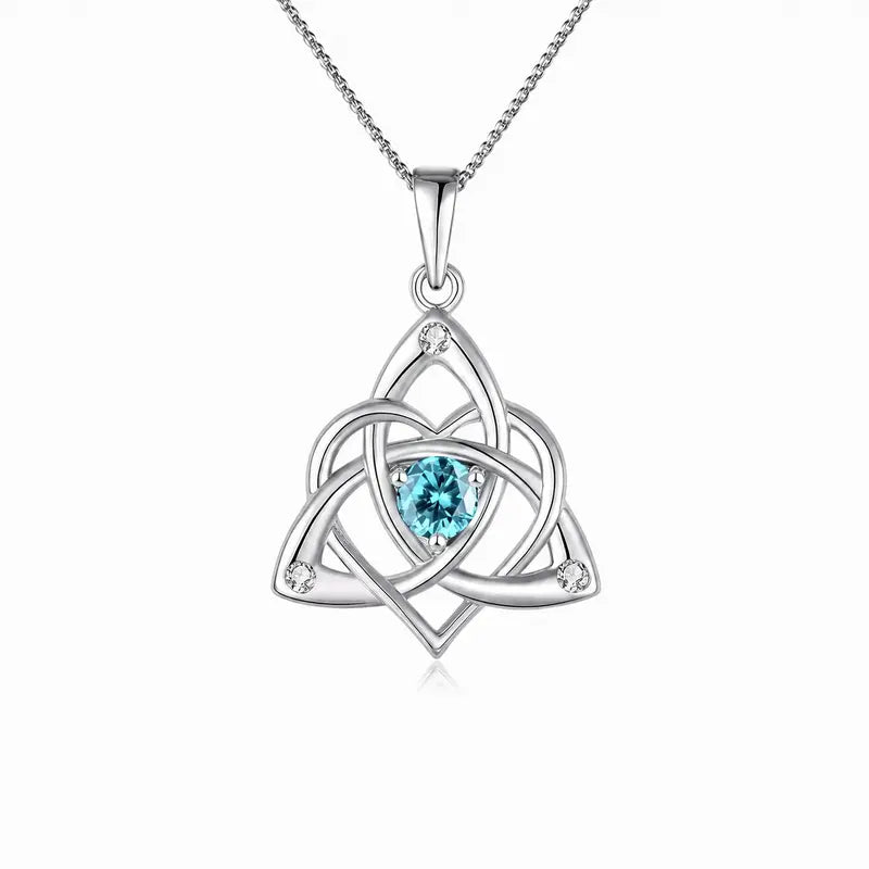 Celtic Birthstone Necklace for Women, Silver Plated Copper Triquetra Celtic Knot Heart Pendant with 12 Birthstone Options