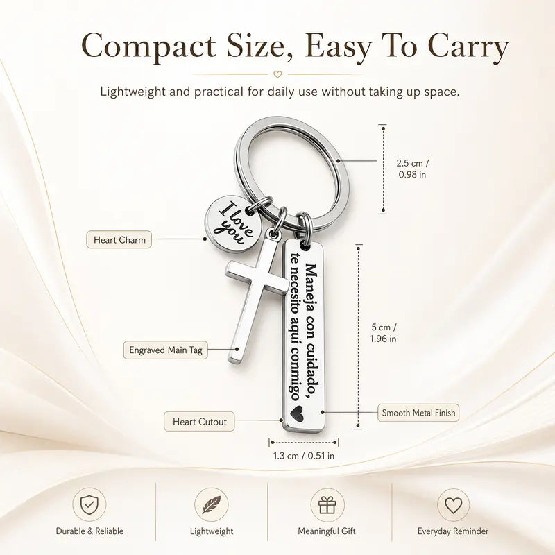 “Maneja Con Cuidado” Drive Safe Keychain with Cross & Love Charm