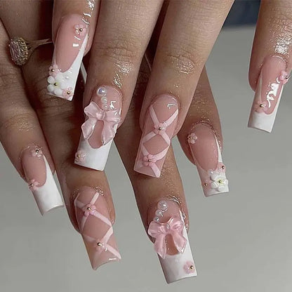 24pcs Press On Nails – 6 Styles French Tip Floral & Chrome