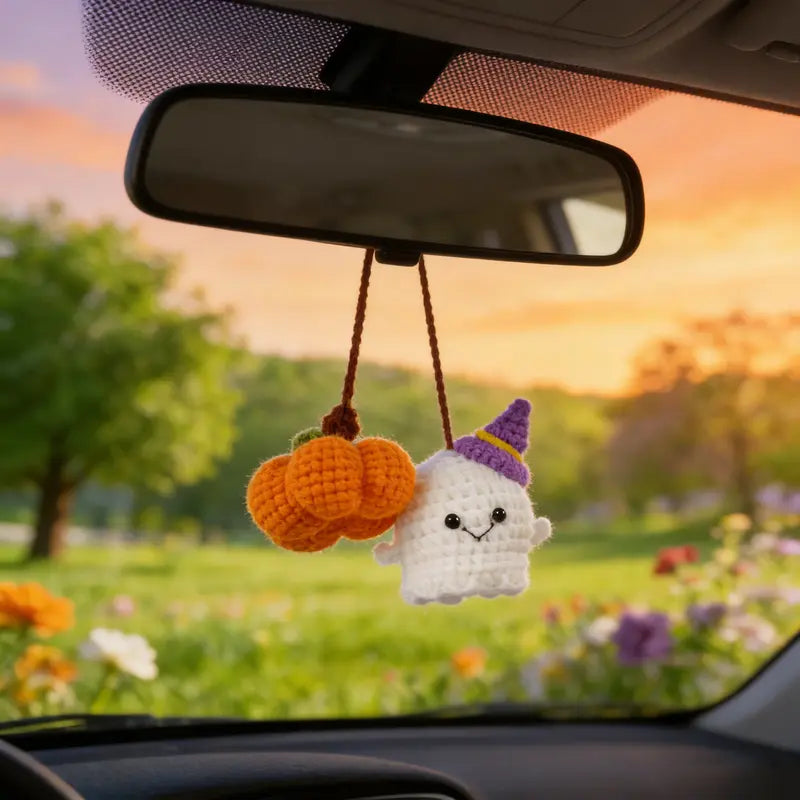 Handmade Crochet Ghost & Pumpkin Rear View Mirror Hanging Car Charm