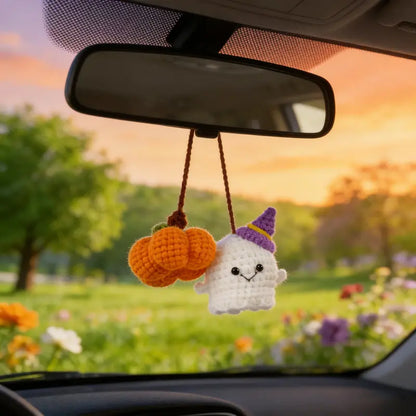 Handmade Crochet Ghost & Pumpkin Rear View Mirror Hanging Car Charm
