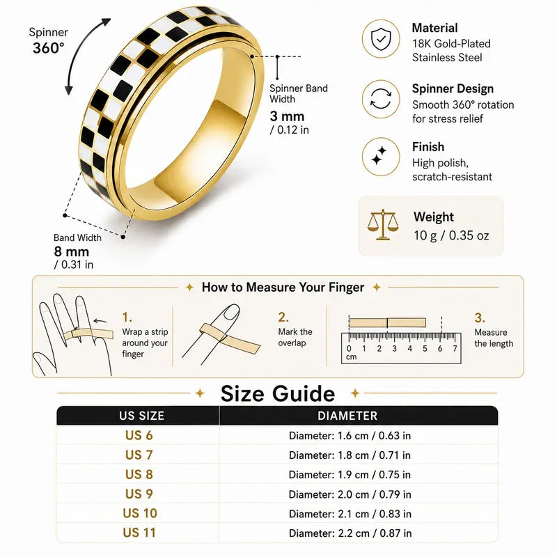 Checkered Spinner Ring – Stainless Steel Fidget Band