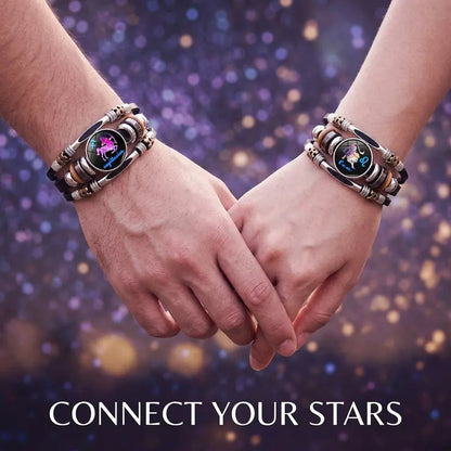 🎁 Buy 1, Get 1 FREE! Glow-in-the-Dark Leather Zodiac Sign Bracelet for Men & Women (6.9/8.1 inches) – Personalized Constellation Jewelry ✨♑️