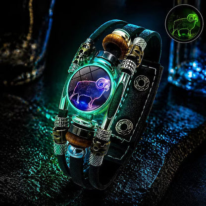 🎁 Buy 1, Get 1 FREE! Glow-in-the-Dark Leather Zodiac Sign Bracelet for Men & Women (6.9/8.1 inches) – Personalized Constellation Jewelry ✨♑️