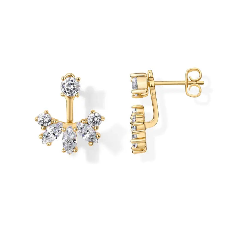 18K Gold Plated Sterling Silver Posts Cubic Zirconia Ear Jacket Statement Earrings for Women | Front & Back Stud Earring Jackets