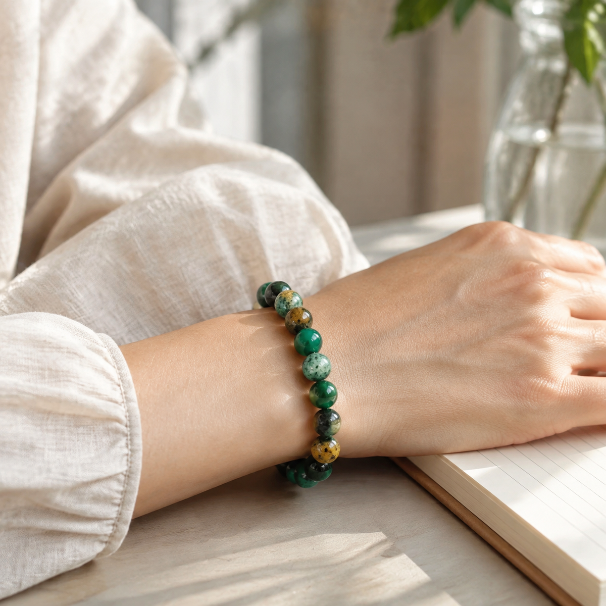 Golden Wish Mixed Green Stone Stretch Bracelet