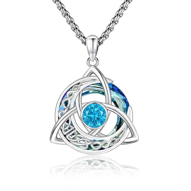Celtic Birthstone Necklace – Trinity Knot Crescent Moon Pendant for Women