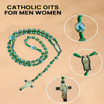 Handmade Rosary Necklace with Green Crystal Beads, Saint Jude & Virgin Mary Medals, Trendy Cross Pendant Jewelry for Men & Women, Trendy Necklace, Cross Necklace, Jewelry For Women, Religious Cross Necklaces