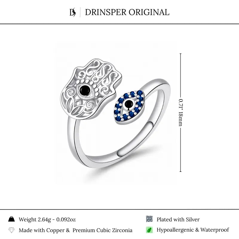 Adjustable Hamsa Evil Eye Ring
