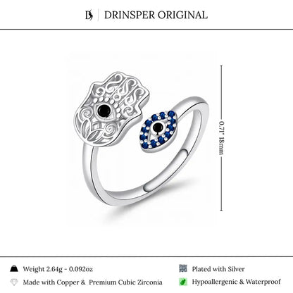 Adjustable Hamsa Evil Eye Ring