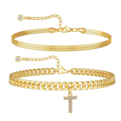 Women 14K Gold Plated Ankle Bracelet with Letter Pendant