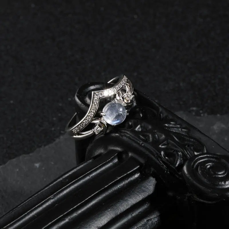 Witchy Triple Moon Moonstone Adjustable Ring Set