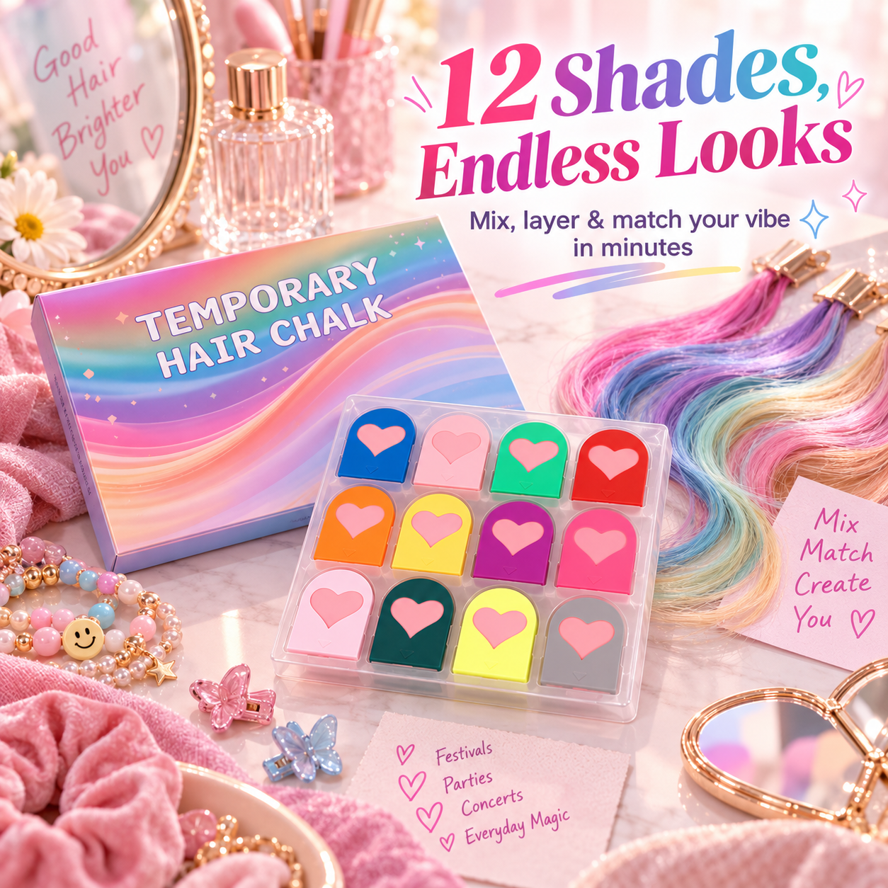 Rainbow Hair Chalk Comb Set – 12 Washable Colors