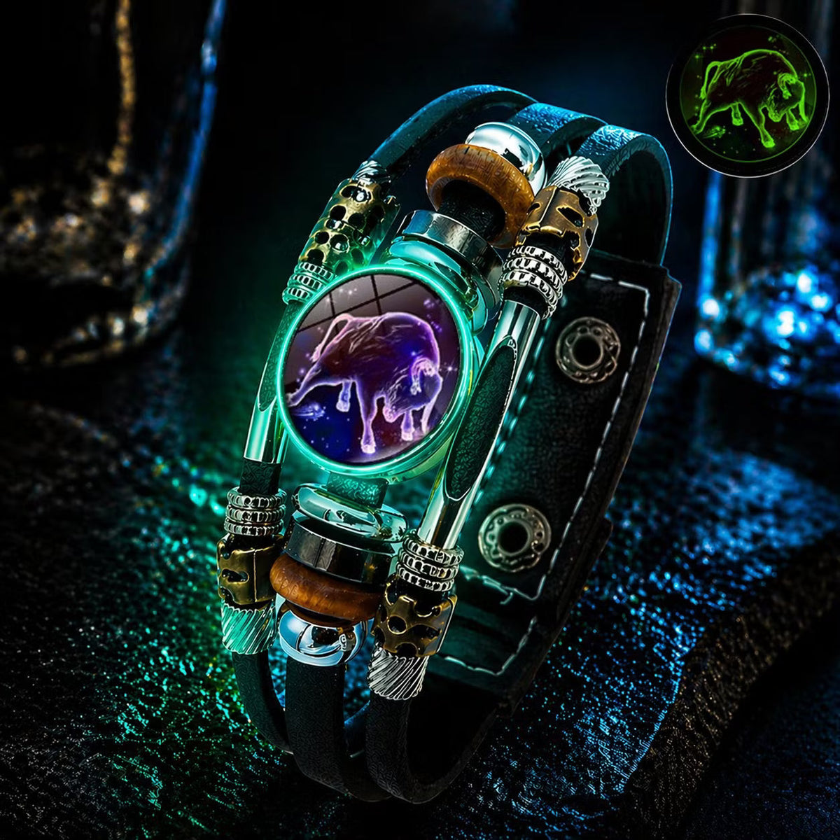 🎁 Buy 1, Get 1 FREE! Glow-in-the-Dark Leather Zodiac Sign Bracelet for Men & Women (6.9/8.1 inches) – Personalized Constellation Jewelry ✨♑️