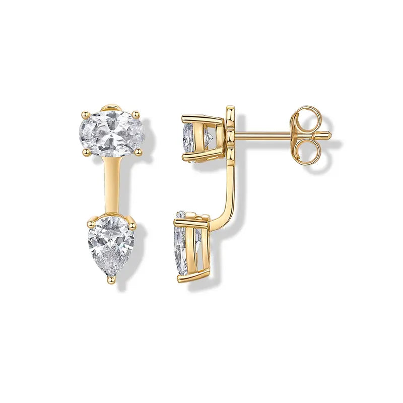 18K Gold Plated Sterling Silver Posts Cubic Zirconia Ear Jacket Statement Earrings for Women | Front & Back Stud Earring Jackets