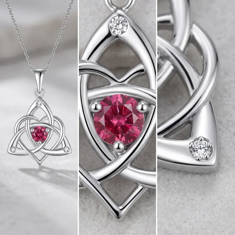 Celtic Birthstone Necklace for Women, Silver Plated Copper Triquetra Celtic Knot Heart Pendant with 12 Birthstone Options