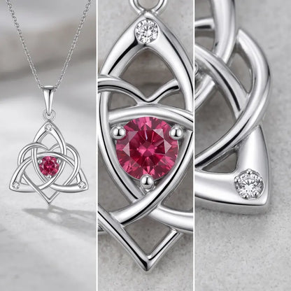 Celtic Birthstone Necklace for Women, Silver Plated Copper Triquetra Celtic Knot Heart Pendant with 12 Birthstone Options
