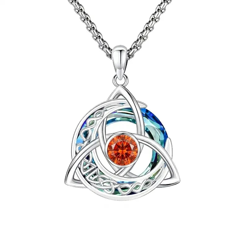 Celtic Birthstone Necklace – Trinity Knot Crescent Moon Pendant for Women
