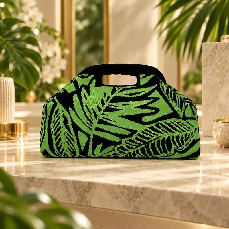 Women’s Green Leaf Knitted Large Capacity Makeup Bag