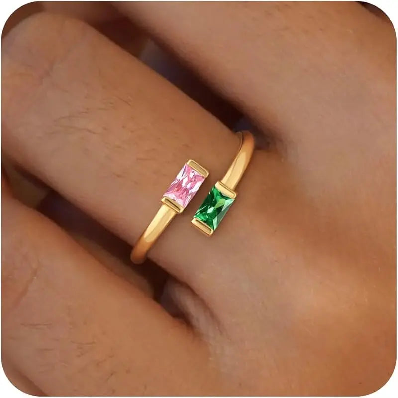 14K Gold Plated Adjustable Emerald Birthstone Ring｜Personalized Double Birthstone Ring