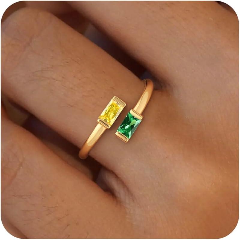 14K Gold Plated Adjustable Emerald Birthstone Ring｜Personalized Double Birthstone Ring
