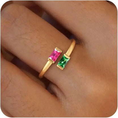 14K Gold Plated Adjustable Emerald Birthstone Ring｜Personalized Double Birthstone Ring