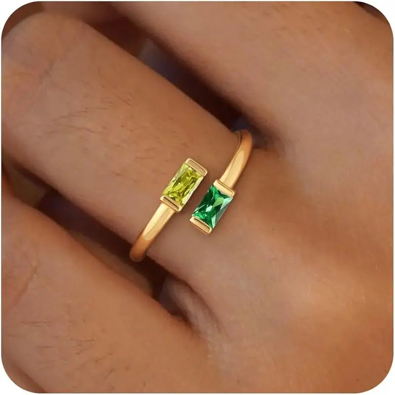 14K Gold Plated Adjustable Emerald Birthstone Ring｜Personalized Double Birthstone Ring