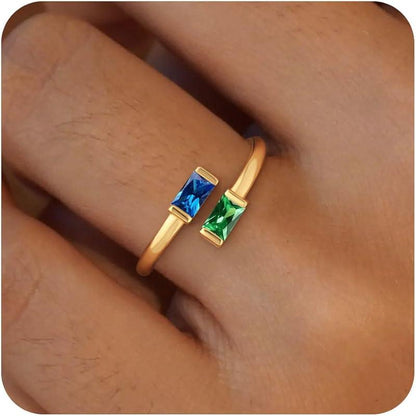 14K Gold Plated Adjustable Emerald Birthstone Ring｜Personalized Double Birthstone Ring
