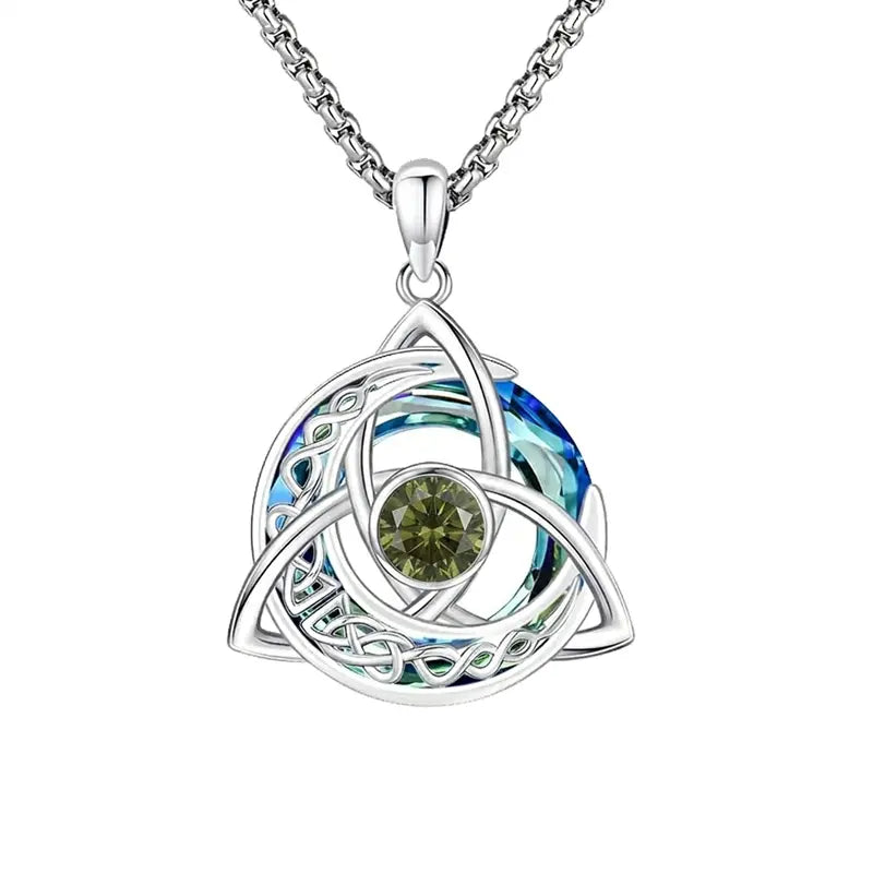 Celtic Birthstone Necklace – Trinity Knot Crescent Moon Pendant for Women