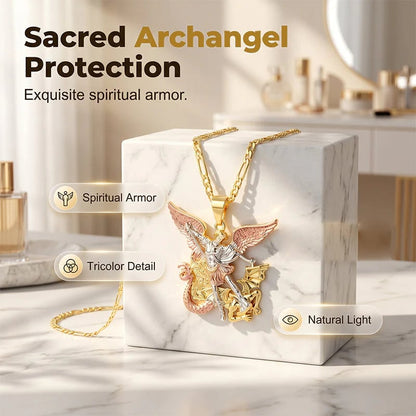 Tri-Tone Angel Guardian Pendant Necklace – Elegant & symbolic