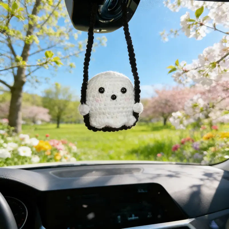 Handmade Crochet Ghost & Pumpkin Rear View Mirror Hanging Car Charm