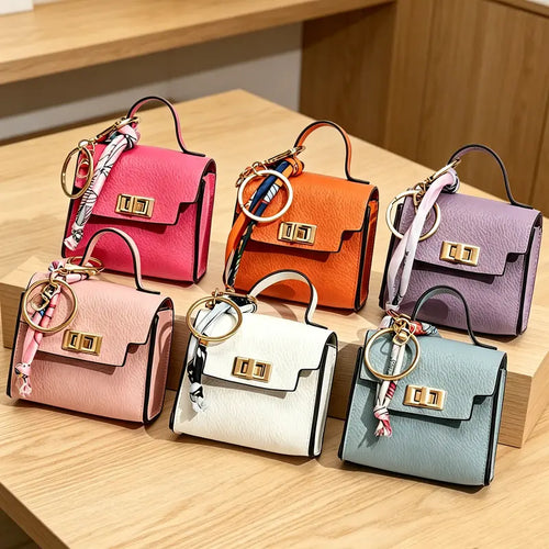 Mini Square Bag Pendant Keychain - High Quality Leather with Colorful Strap
