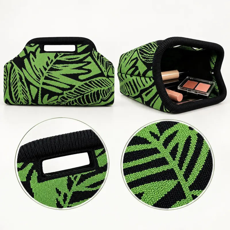 Women’s Green Leaf Knitted Large Capacity Makeup Bag