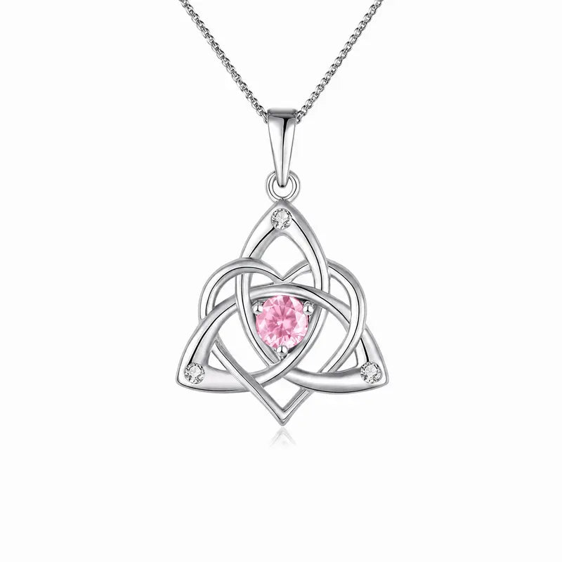 Celtic Birthstone Necklace for Women, Silver Plated Copper Triquetra Celtic Knot Heart Pendant with 12 Birthstone Options