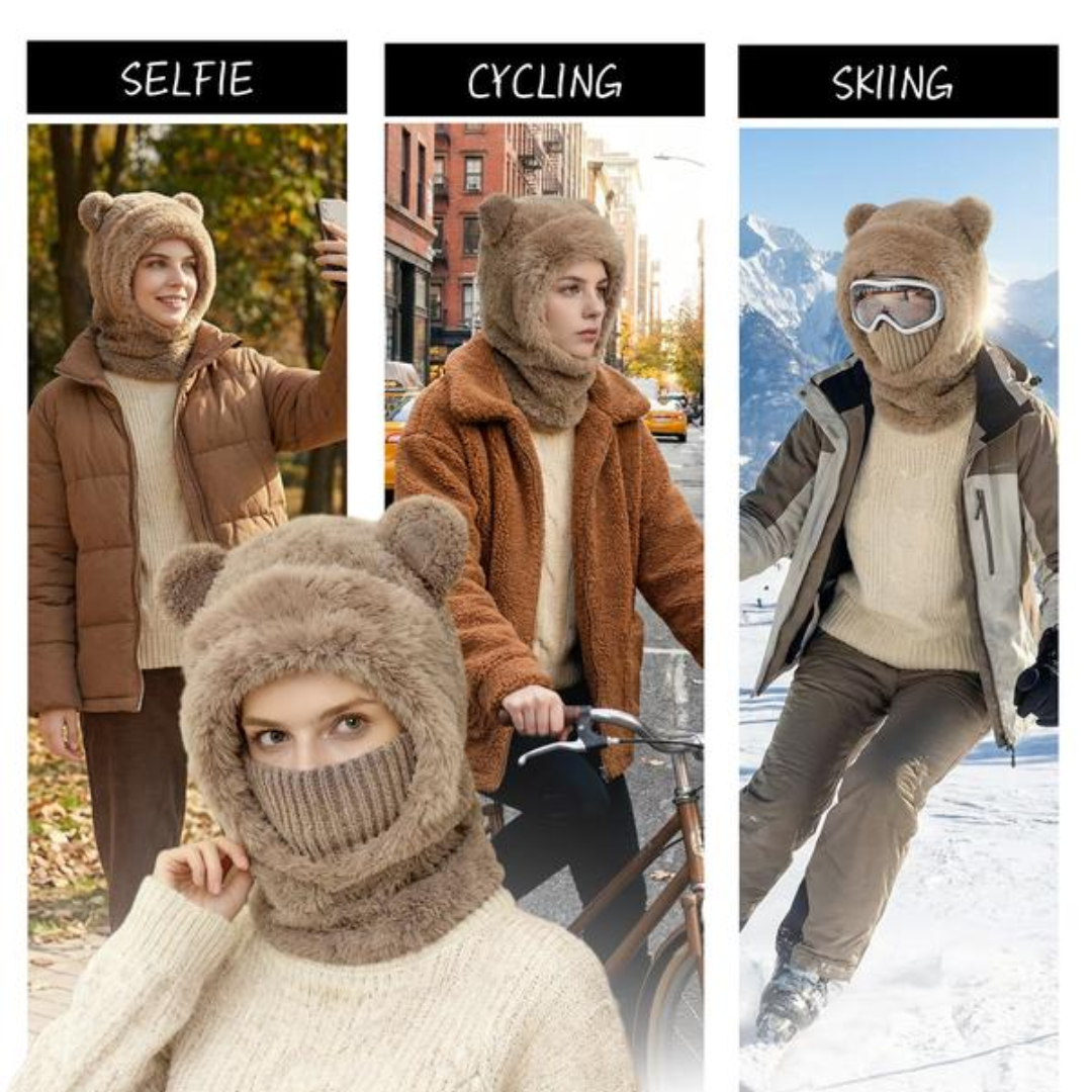 Plush Bear Ear Winter Hood – Warm Windproof Balaclava
