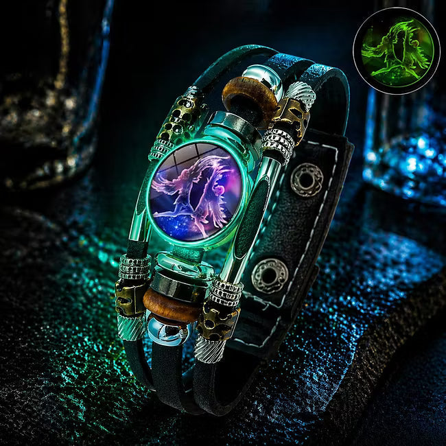 🎁 Buy 1, Get 1 FREE! Glow-in-the-Dark Leather Zodiac Sign Bracelet for Men & Women (6.9/8.1 inches) – Personalized Constellation Jewelry ✨♑️