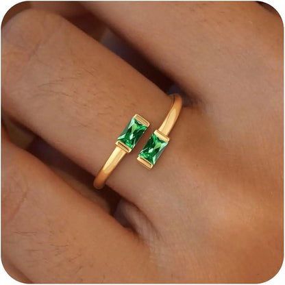 14K Gold Plated Adjustable Emerald Birthstone Ring｜Personalized Double Birthstone Ring