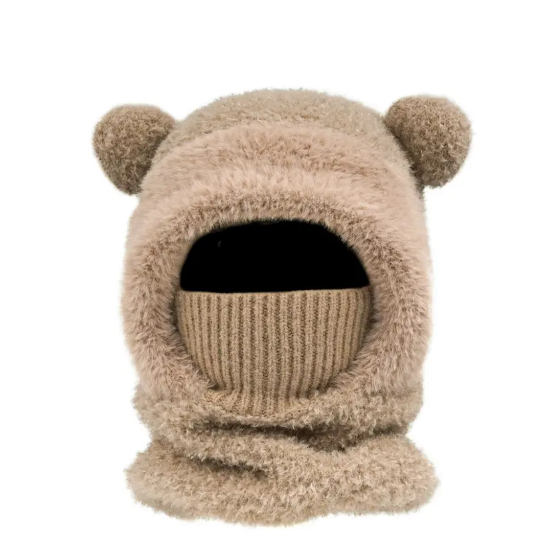 Plush Bear Ear Winter Hood – Warm Windproof Balaclava