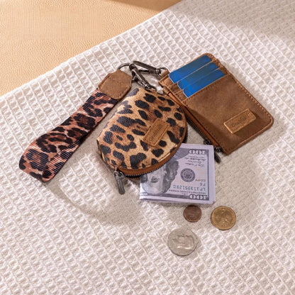 Leopard KeyChain Wristlet Wallets for Women Western Dual Pouch Card Holder Wallet With Zipper