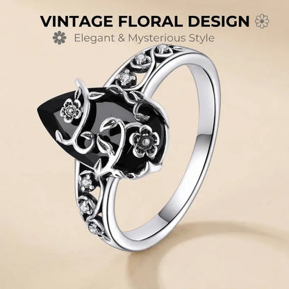 Vintage Black Obsidian Floral Ring