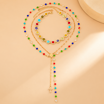 Boho Layered Crystal Pendant Necklace Set