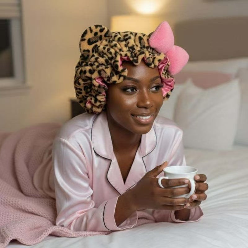 Women’s Plush Leopard Satin Double-Layer Sleeping Bonnet