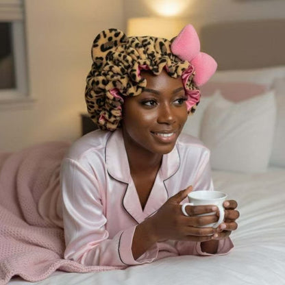 Women’s Plush Leopard Satin Double-Layer Sleeping Bonnet