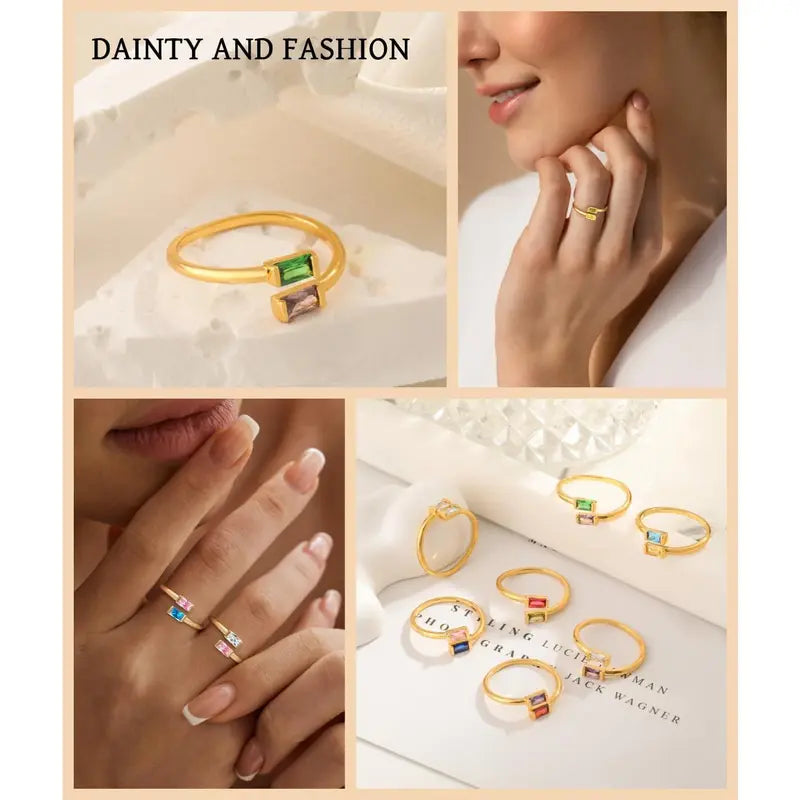 14K Gold Plated Adjustable Emerald Birthstone Ring｜Personalized Double Birthstone Ring